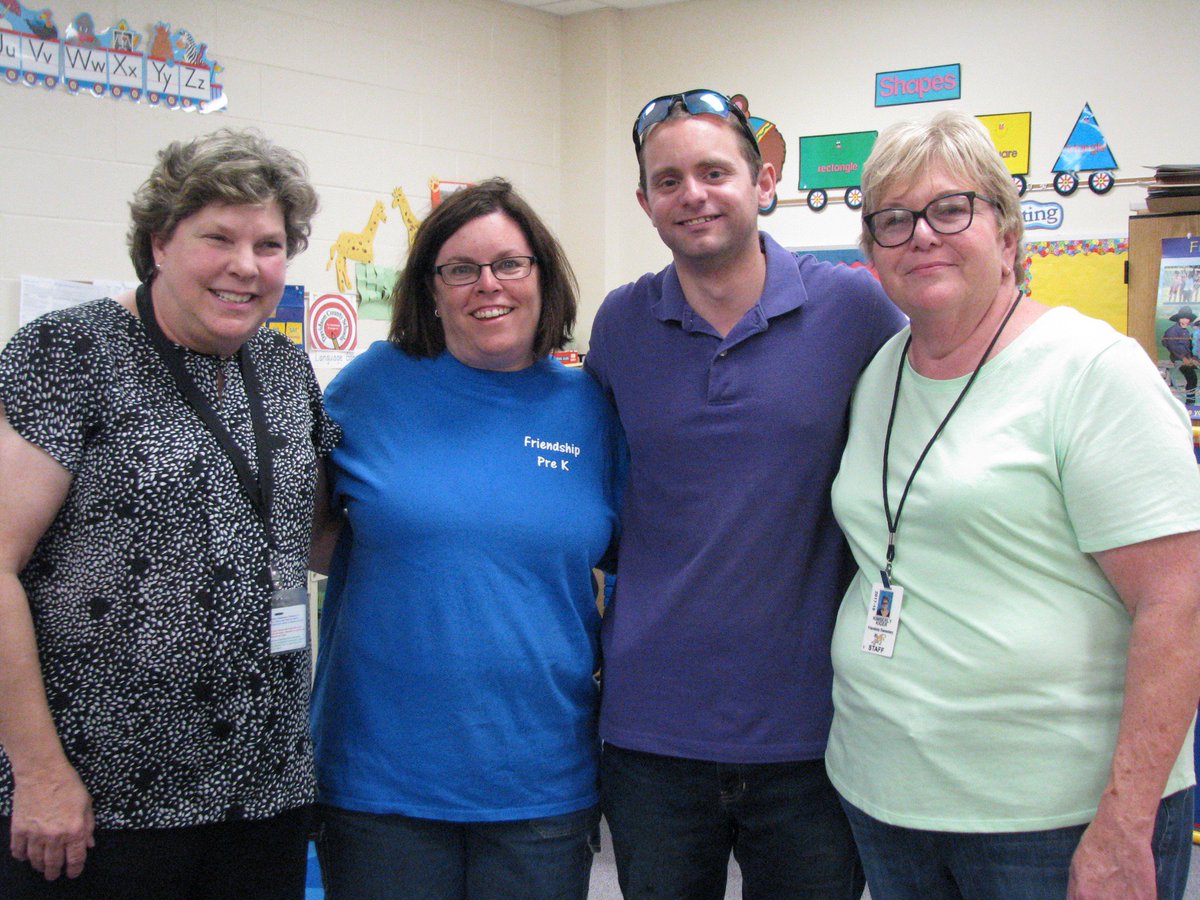 FriendshipElem's tweet photo. @dcsnc Daniel Spease , the "First DCS student in the Spoken Language Program," visits former teachers (Debbie Doss, Sarah Coward, &amp; Kim Kiger). He encourages students of the importance of amplification and inspires them through his example as a current FedEx Operations Manager. https://t.co/npSV8wPcjm