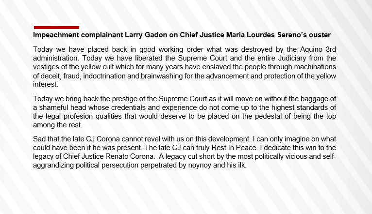 newswatchplusph's tweet photo. Impeachment complainant Larry Gadon: I dedicate this win to the legacy of Chief Justice Renato Corona https://t.co/jvQFSQflD2 https://t.co/FEvjdkmrEJ