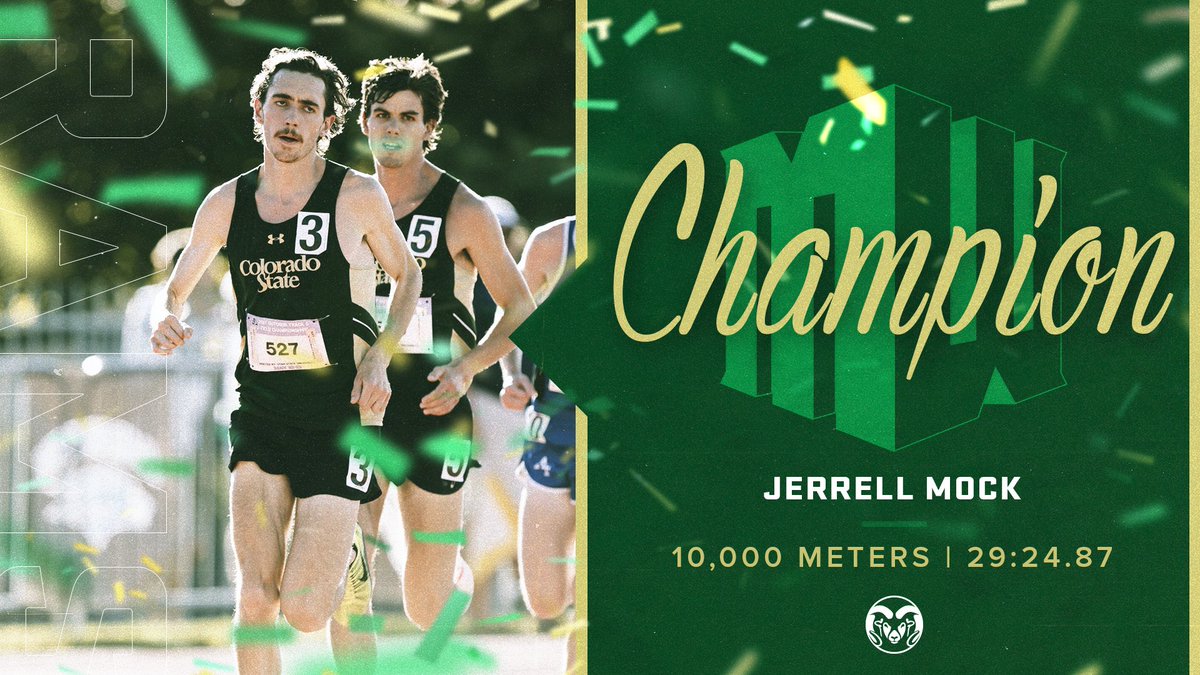Jerrell Mock repeats as champion as your Rams go 1⃣-2⃣-3⃣-4⃣ in the men's 10,000 meters!

Jerrell Mock - 29:24.87
Grant Fischer - 29:35.20
Eric Hamer - 29:38.14
Luke Giugliano - 29:41.47

All four finish with a time under the previous #MWOTF Championships record.

#CSURams