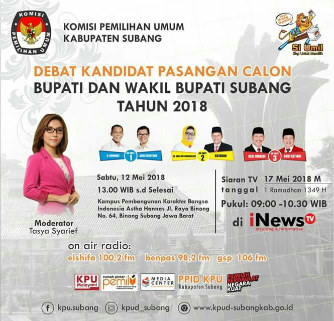 Agsos_subang's tweet photo. Jangan lupa saksikan debat kandidat paslon bupati dan calon bupati Subang 2018.

#KPUsubang
#pilkadabahagia https://t.co/3IDtjs1tjs