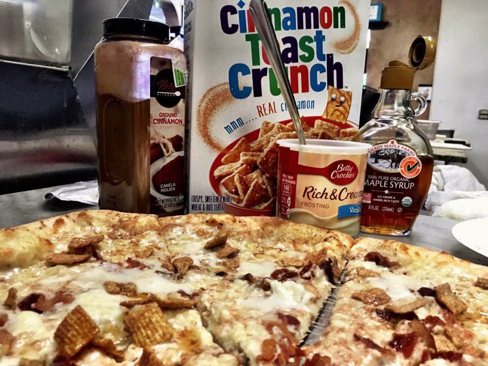 Cinnamon Toast Crunch Breakfast Pizza:Bacon, Eggs, and Vanilla Frosting drizzled with Maple Syrup #3GuysPies #3GuysPiesDenver #BestInDenver #BreakfastCureHasArrived 303.623.4897 3GuysPiesDenver