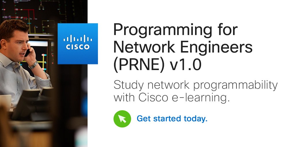 LearningatCisco's tweet image. Learn how to manage a network more efficiently and develop basic #Python #programming skills with the PRNE e-learning course. #networkprogrammability #CiscoCert cs.co/9009Dnc4X