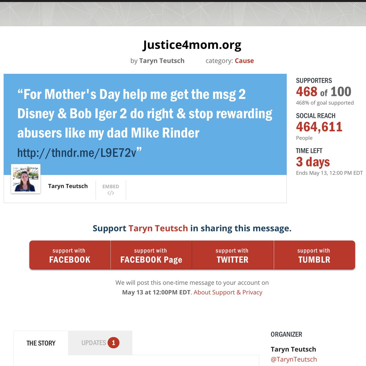 TarynTeutsch's tweet image. JUSTICE FOR MY MOM ON MOTHER'S DAY!
Here's how you can help, thank you.
Click-thru and share my message in social media to get Disney and CEO Bob Iger to do the right thing and fire my father Mike Rinder, because abusers should not be rewarded by society
thunderclap.it/projects/69711…
