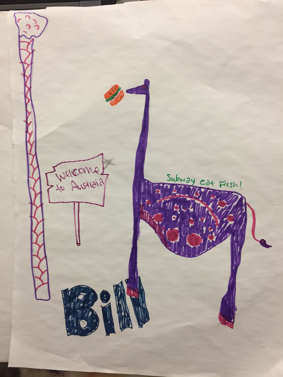 SenoraOchoa's tweet photo. This is Bill. He is a short, fat giraffe who works at Subway. He was created in Spanish with #comprehensiveinput #CiLiftOff https://t.co/wZ8nfqS6zs