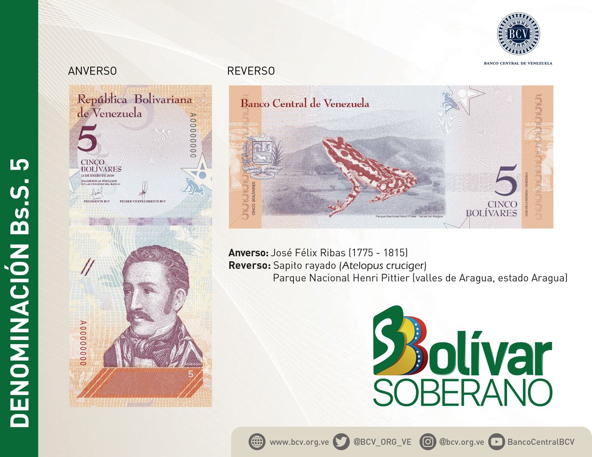 MercantilBanco's tweet photo. El billete de 5 bolívares soberanos tendrá en su anverso el rostro de José Félix Ribas y en el reverso la imagen del Sapito rayado y de un paisaje del parque nacional Henri Pittier. https://t.co/TCNWAGsuRi