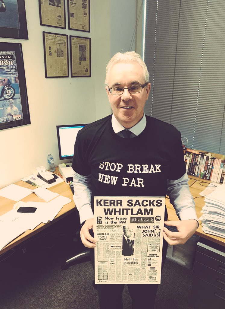 New tshirt &amp; a trip down memory lane for legendary crime journo Keith Moor. Back in the day, before mobiles, reporters had two way radios at crime scenes. They’d radio their story to a copy-taker, saying “stop, break, new par” to signal the end of each sentence. #journalism