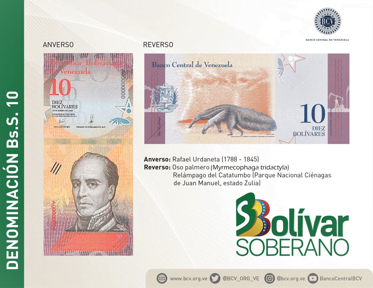 MercantilBanco's tweet photo. El billete de 10 bolívares soberanos tendrá en su anverso el rostro de Rafael Urdaneta y en el reverso la imagen del Oso palmero y del parque nacional Ciénagas de Juan Manuel. https://t.co/nKyKC2yVM6