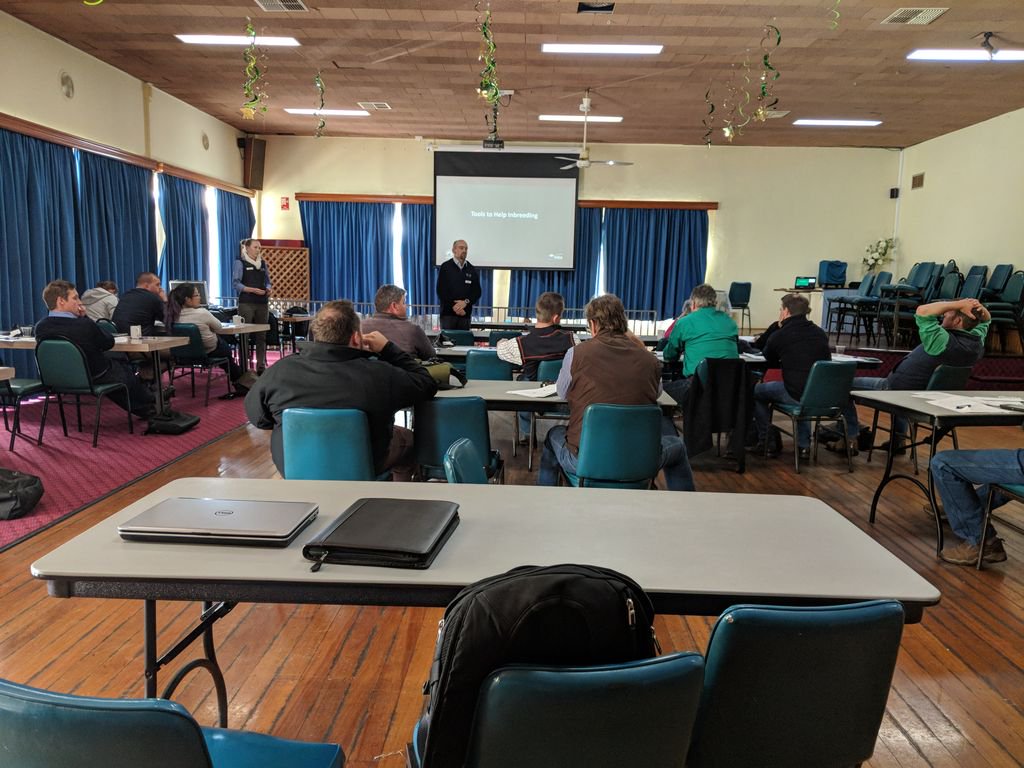 AGBU_GENE's tweet photo. Great to see the Sheep Genetics team in action. Extending valuable information around ASBVs ,Breeding Program Design,Mating Allocation and  Data Quality  to sheep breeders at the Regional Forum in Walcha.  #Extension #Genetics #Breeders #IndustryFocus https://t.co/F60Xcyk9zK