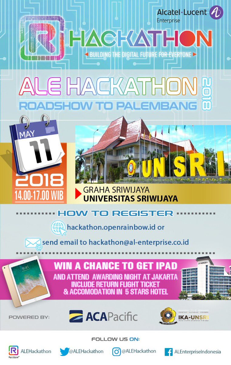 ALEHackathon's tweet photo. Pagi Devs! Hari ini kita di Palembang! Yuk datang ke Graha Sriwijaya @unsri untuk mengetahui tentang ALE Hackathon 2018 Roadshow
#Cloud #CPaaS #ALEHackathon #Hackathon2018 #DXI #DX #DigitalFuture #Innovation #IoT #Transformation #Rainbow #UniversitasSriwijaya https://t.co/X8whAlYDGu