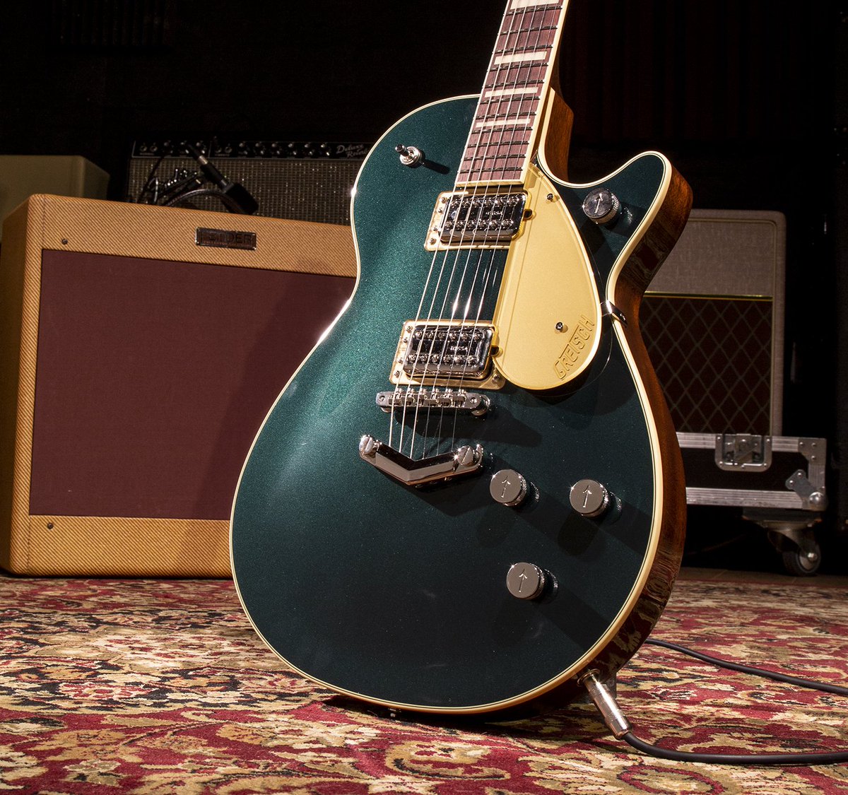 GretschUSA's tweet photo. Power &amp; Fidelity. #NEW G6228 Players Edition Jet™ BT with V-Stoptail in Cadillac Green #gretsch #jet #powerandfidelity https://t.co/9ObFNNmhYS https://t.co/BERH9rXmaK