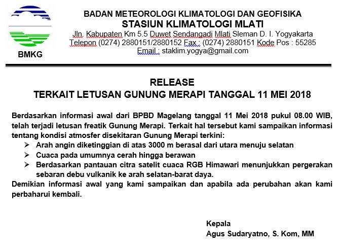 StaklimJogja's tweet photo. Siaran Pers Sementara Berkaitan dengan Letusan Gunung Merapi Jum'at 11 Mei 2018 #InfoCuacaJogja #BMKGDIY Cc: @SAR_NASIONAL @BNPB_Indonesia @Pusdalops_diy https://t.co/GuEK76rdXp