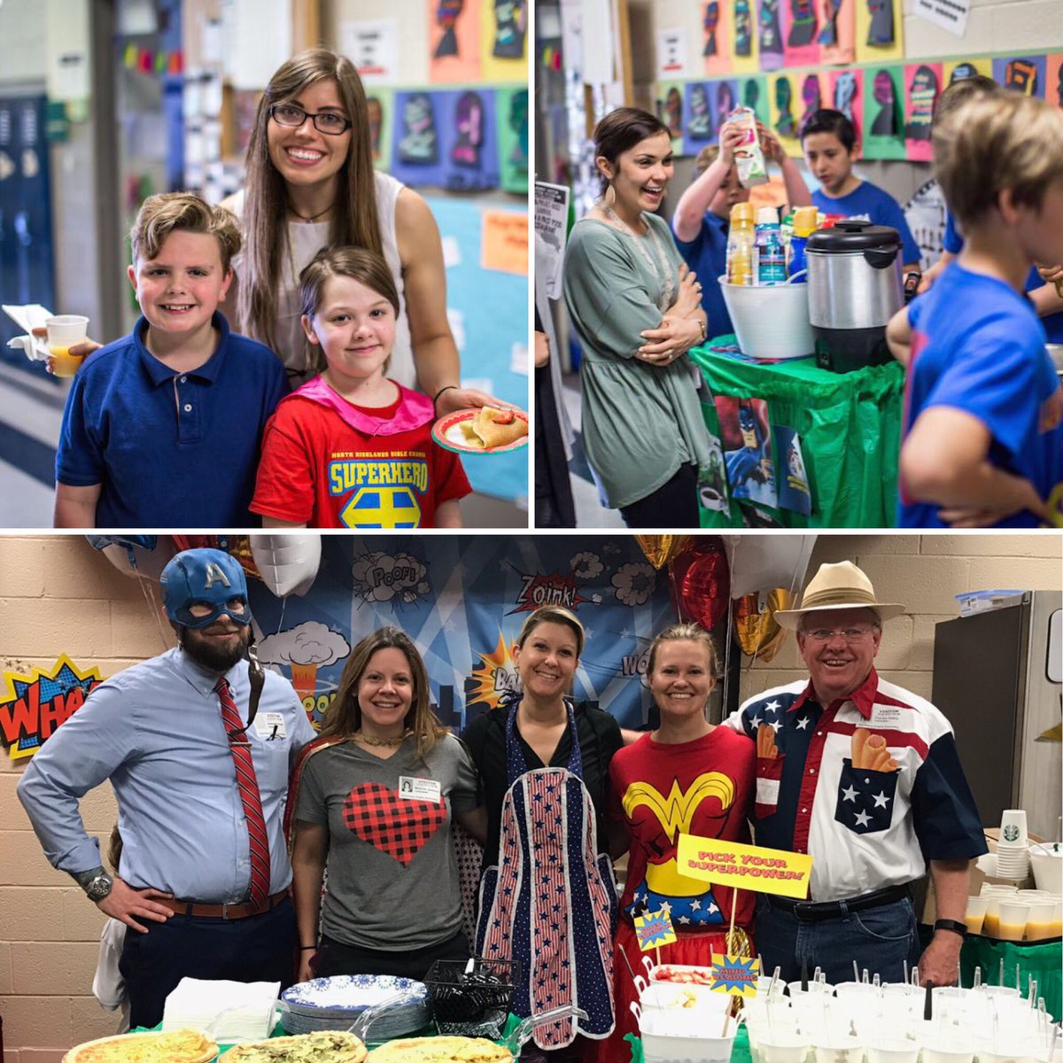 Heights_PTA's tweet photo. Day 3- Dad's Club delivered quiche, fruit and yogurt to every classroom!
Day 4- Master crepe maker Greta Peavy, the PTA ALLSTARS, Spider-man &amp; SUPERHERO friends served “Capes &amp; Crepes” this morning, sweets &amp; caffeine this afternoon, AND story time in the library! @RHeightsElem https://t.co/TjK1dvRTSA