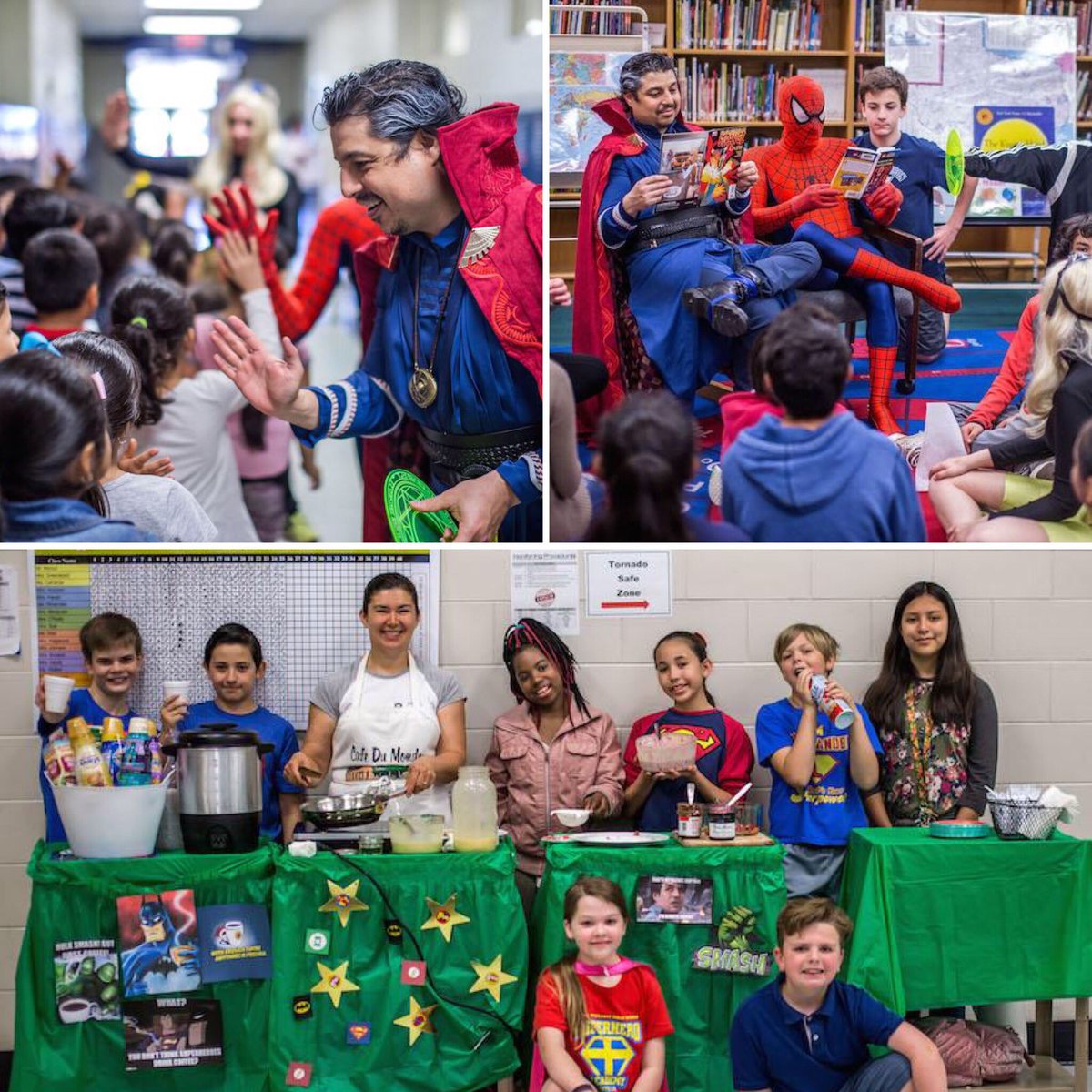 Heights_PTA's tweet photo. Day 3- Dad's Club delivered quiche, fruit and yogurt to every classroom!
Day 4- Master crepe maker Greta Peavy, the PTA ALLSTARS, Spider-man &amp; SUPERHERO friends served “Capes &amp; Crepes” this morning, sweets &amp; caffeine this afternoon, AND story time in the library! @RHeightsElem https://t.co/TjK1dvRTSA