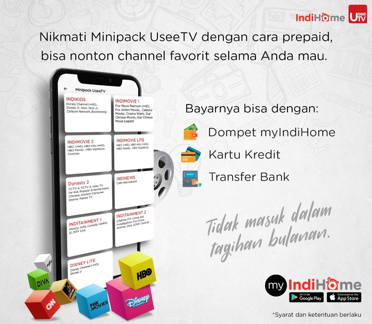 Menikmati Minipack UseeTV bisa pake prepaid selama kita mau ...& gak kuatir masuk Tagihan Bulanan, makin kerenn nihh gaesss ....buruan pake Indihome kuyyy @telkomjabar @infobdg @TelkomPromo @infotasikmalaya @SukabumiID @cirebonINFO @karawanginfo