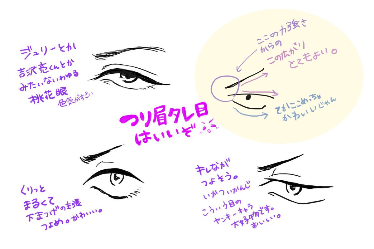 Redxpurple あかむらさき A Twitter 私が愛してやまないつり眉タレ目という神が作りし造形について描きました つり眉タレ目に惚れろ たのむ つり眉タレ目はいいぞ 桃花眼