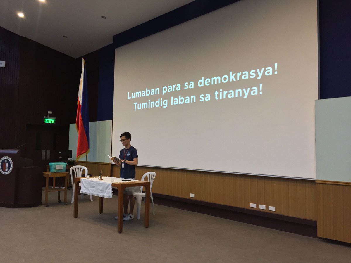 admusanggu's tweet photo. The Supreme Court en banc has granted the petition to nullify the appointment of Chief Justice Maria Lourdes Sereno. Please come to Escaler Hall right now for a prayer service for democracy and due process in the Philippines. #QuoWarrantoIbasura https://t.co/bI1zDU9XUd