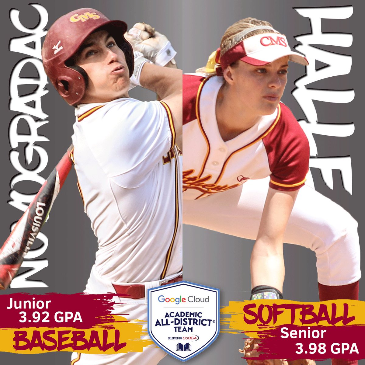 AthleticsCMS's tweet photo. Congrats to CJ Novogradac (#CMSbb) and Briana Halle (#CMSsb) for being named CoSIDA Academic All-District! Excelling in the classroom and on the field! #GoStags #GoAthenas #GoCMS https://t.co/yg0xdJgTNO