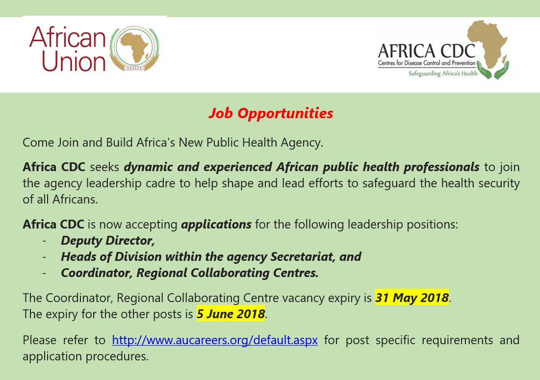 AfricaCDC's tweet photo. Come Join and Build Africa's New Public Health Agency.

@AfricaCDC is now accepting applications.

Please refer to https://t.co/r6Mn7ZG30J for post specific requirements and application procedures. https://t.co/7ZVl68Uxw9