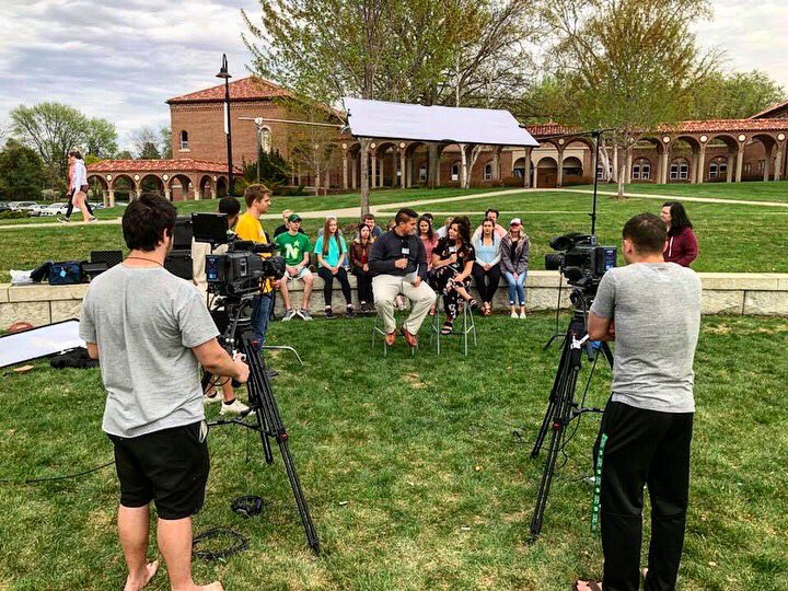 Eagle7News's tweet photo. We shot our final show of the semester!!! The crew had a fun time today taping on the campus green. This will be an exclusive web-only newscast so be sure to check it out! #E7 https://t.co/bGorh1XS85