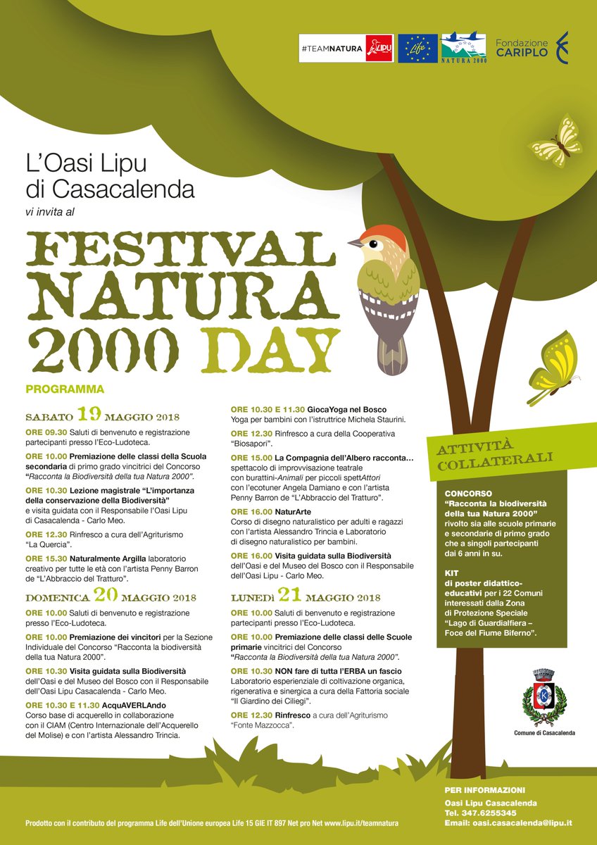 MoliseLipu's tweet photo. Dal 19 al 21 maggio celebra la biodiversità e il #Natura2000DAY con l'Oasi LIPU di Casacalenda. Partecipa alle attività per famiglie, adulti, ragazzi e bambini. Per informazioni: 347.62.55.345 #TeamNatura #LIFENetProNet https://t.co/yu2Ym4wE6H