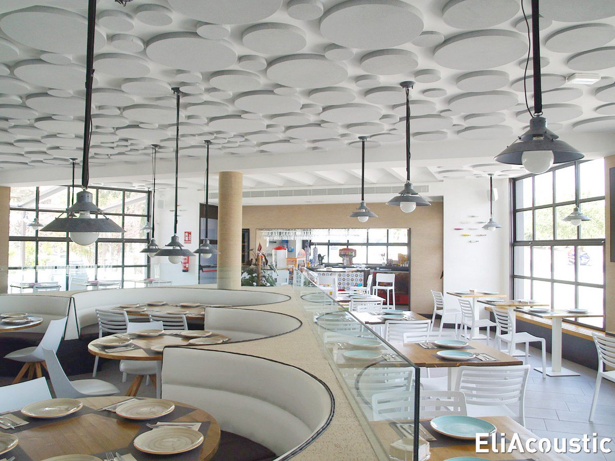 #AcousticPanels to reduce noise inside a #Restaurant. #EliAcoustic Circle Pure is effective and nice design! 

#Spain #noise #Design #Alicante