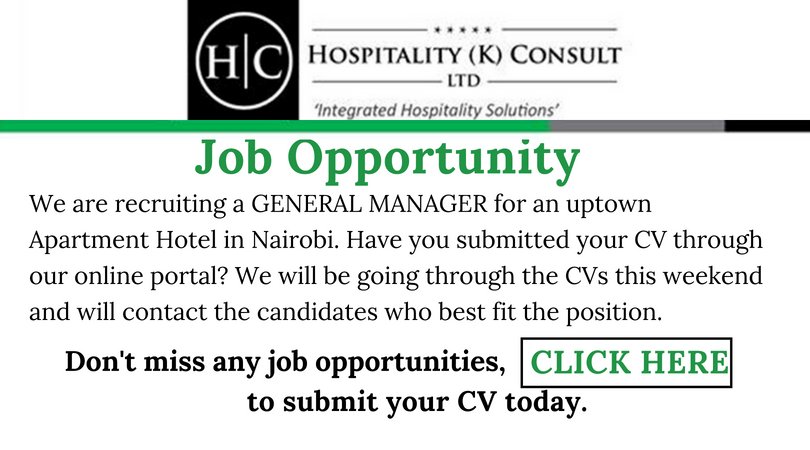 We are recruiting a GENERAL MANAGER for an uptown Apartment Hotel in Nairobi. Don't miss out on any job opportunities, click here to submit your CV today👇👇#jobseekerskenya #ikokazi #IkoKaziKe #jobopportunitykenya #hospitalitykenya 
thehospitalityconsult.com/submit-cv/