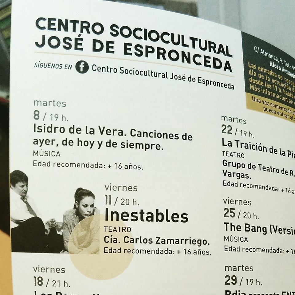 inestables2018's tweet photo. Hoy #Inestables llega al Centro Cultural José de Espronceda, en el distrito Tetuán de Madrid. Os esperamos a las 20h. ¡Entrada libre! https://t.co/bmBhafEiwG
