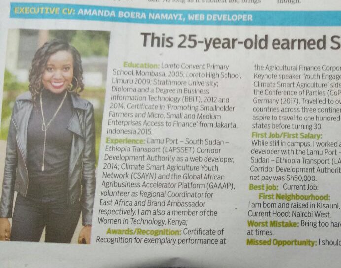 AmandaNamayi's tweet image. Today’s copy of The Nairobian Newspaper #ExecutiveCV segment.. Wow! This is so humbling.🤗
All glory to God.🙏🏽