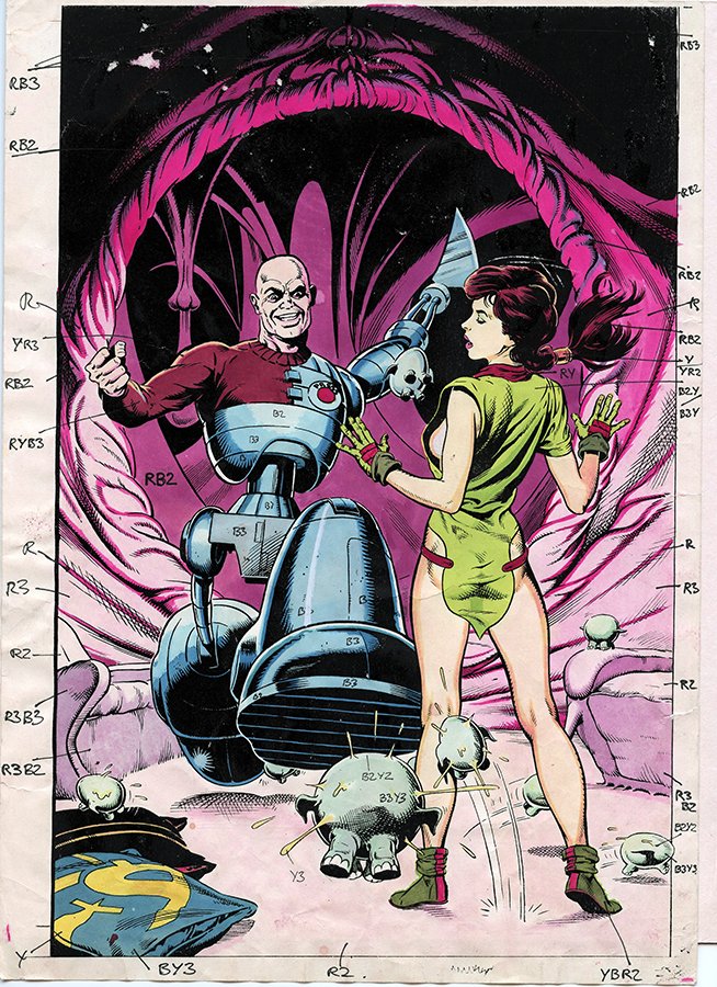 AtomekART's tweet image. Garry Leach's colour guide to his own line art cover for Laser Eraser and Pressbutton issue 2; #AxelPressbutton #Axel #SteveMoore #Comics #Art #Cover #Process #Coloring #GarryLeach