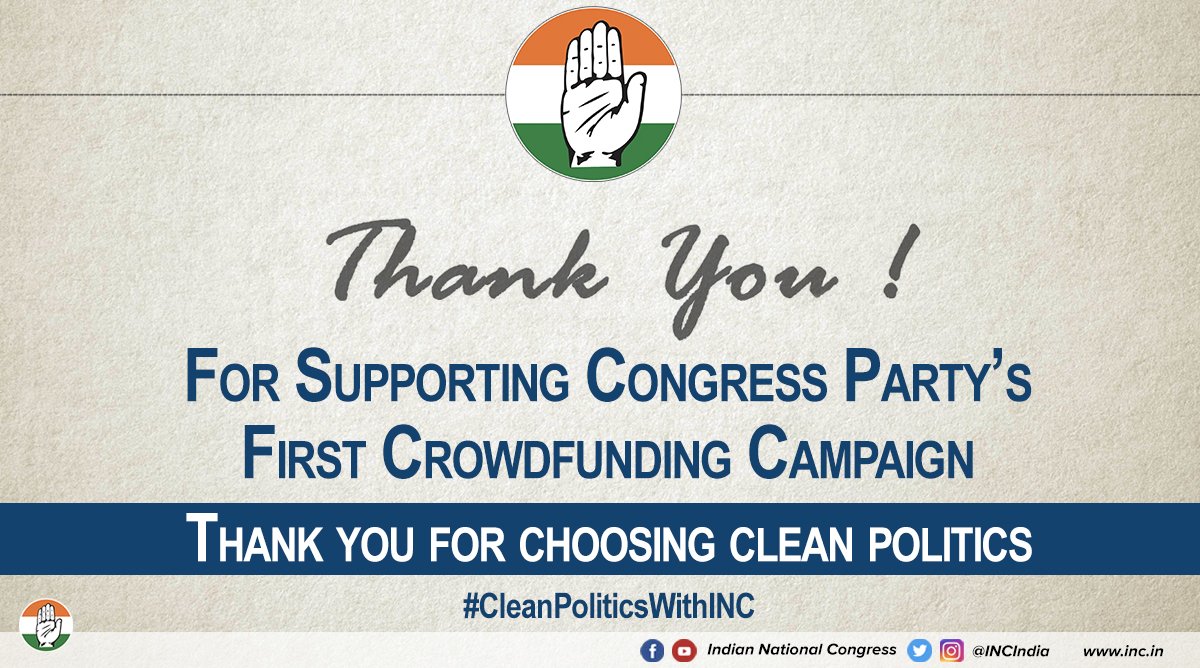WithCongressUP's tweet photo. Thank you so much for your generous contributions to our first crowdfunding campaign for clean politics! Together, we raised over 11 lacs transparently to support the electoral battle against the 'mining mafia' of Karnataka. #CleanPoliticsWithINC https://t.co/3upo7h3vhy