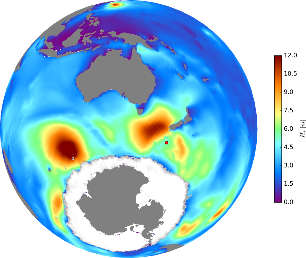 AntarcticReport's tweet photo. 23.8 meter wave! Biggest individual wave ever recorded over a wave buoy in the Southern Ocean, higher than a 7-storey building! Detected by Campbell Is Wave Rider Buoy moored 600km south of New Zealand; largest individual wave ever measured in Southern Hemisphere, map @MetOceanNZ https://t.co/wIPIZBKOGA