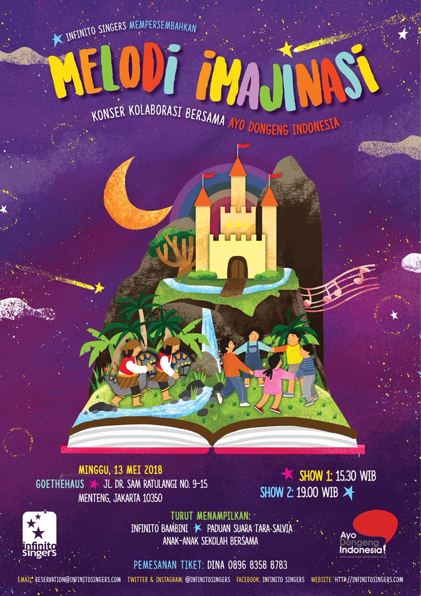 infinitosingers's tweet photo. Infinito Singers 
mempersembahkan

MELODI IMAJINASI
Sebuah konser kolaborasi bersama @ayodongeng_ind  yang ditujukan untuk anak-anak Indonesia 

Minggu, 13 Mei 2018
GOETHEHAUS, Menteng, Jakarta

#KonserMelodiImajinasi #infinitosingers #konserinfinitosingers https://t.co/BMHGxoKw1L