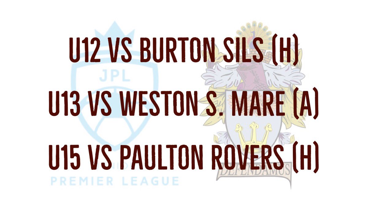 TauntonYouthFC's tweet photo. FIXTURES | 12.05.18
Tomorrow all 3 sides playing in @JnrPremFootball matches or friendlies.

U12s take on @burtonsils in their playoff QF.
U13s play @WSM_AFC_ACADEMY in a friendly match.
U15s host @PaultonRoversDC in a JPL league match.

#JnrPeacocks https://t.co/GpEKQmddSP
