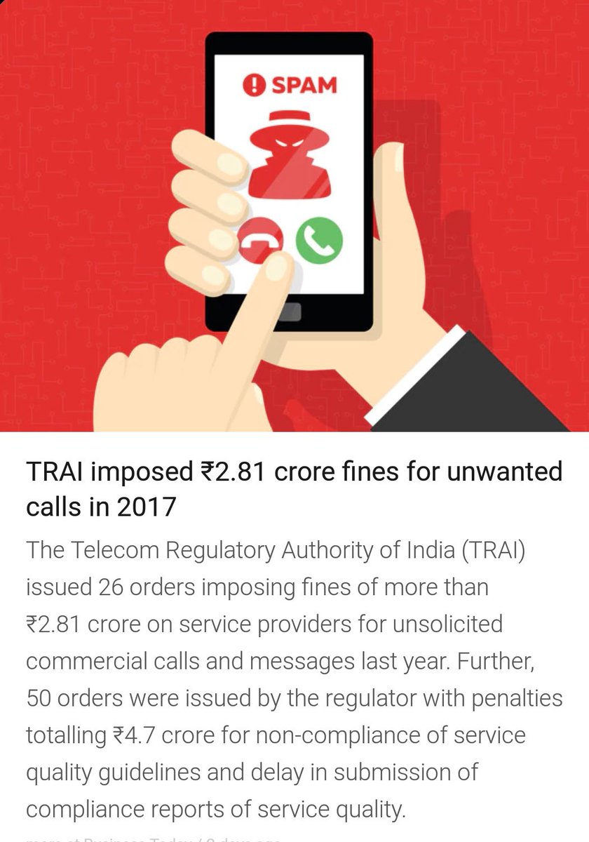 AskActivist's tweet image. 📌📌 #TRAI imposed Rs.2.81 Crore fines for unwanted calls in 2017 on 
#TelecomServiceProviders for #UCC &amp;amp; #Messages.
And Rs.4.7 Crore for #noncompliance of #ServiceQuality n delay in submission of it&apos;s #compliancereport. 📌📌
💐💐 Thank you @TRAI 
😁😁 
📶📶📳📳📲📲