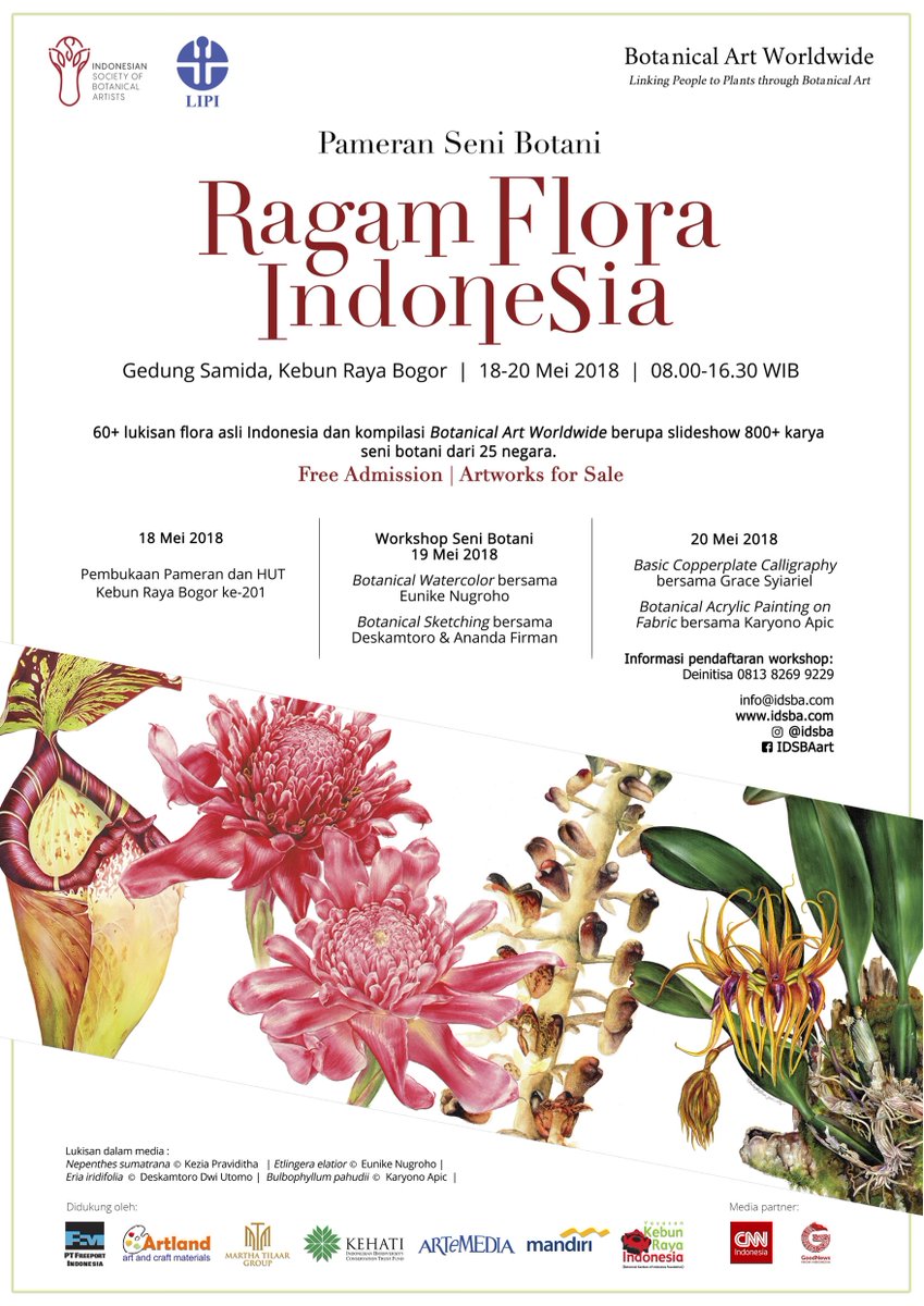 CNNIDdaily's tweet photo. Hari terakhir pameran seni botani pertama #RagamFloraIndonesia di
@KR_Bogor_LIPI, bagian dari #BotanicalArtWorldwide. Jangan terlewat menyaksikan 60+ lukisan #RagamFloraIndonesia dan kompilasi 1000 karya seni botani dari 25 negara. Gratis. Cek @IDSBA_.

#Partner https://t.co/JgR0Agzfjy