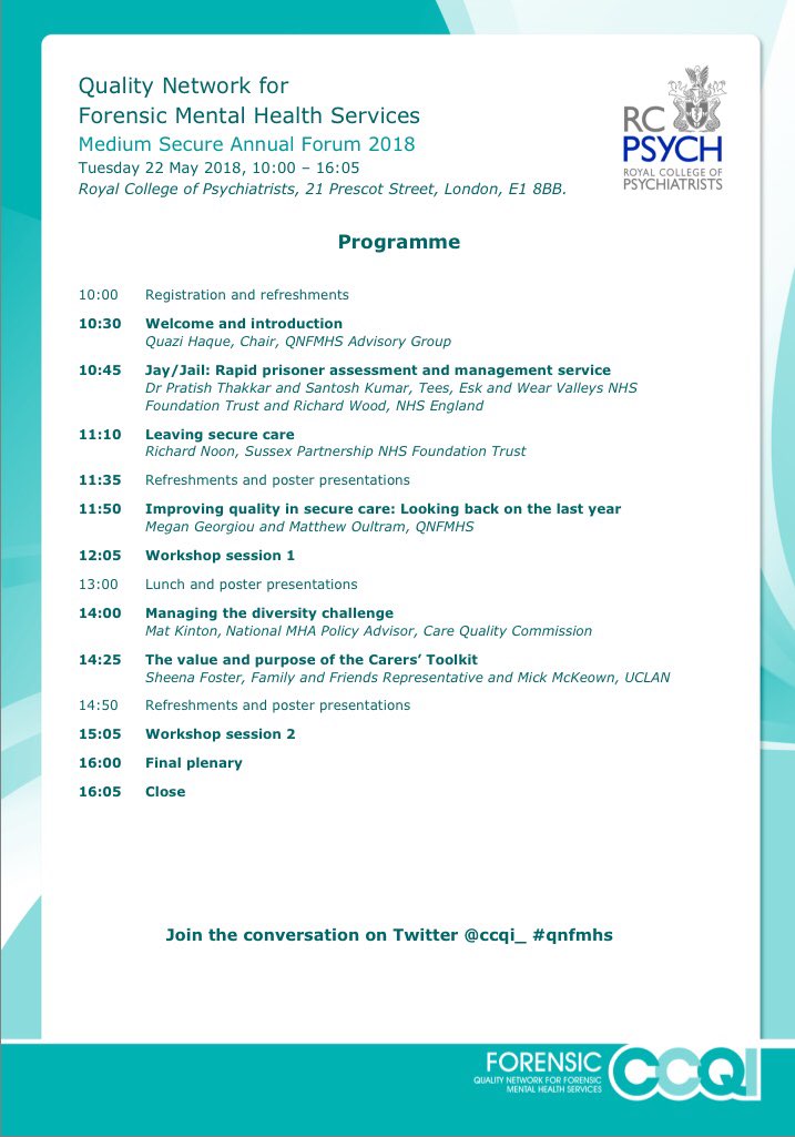 meggeorgiou's tweet image. Only a few places left at the @CCQI_ #QNFMHS #mediumsecure annual forum on 22 May with @pratisht @CareQualityComm @NHSEngland @withoutstigma rcpsych.ac.uk/workinpsychiat…