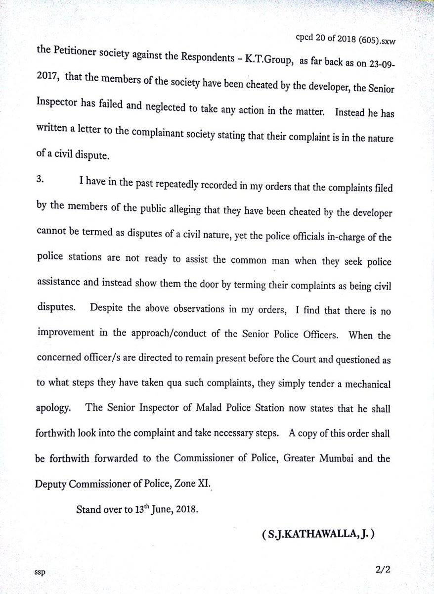 Bombay HC Justice SJ Kathawalla passes order directing police to take action against builders when Common Man approaches with complaint of cheating by builder and it should not be treated as civil dispute but criminal procedure be initiated.