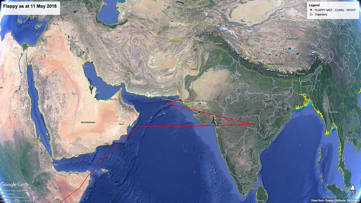 Correction: Flappy is in Pakistan!  Previous signal putting her in India looks to be erroneous.. Multiple recent signals put her just off Karachi - a distance of >800km at a speed of c60kph... that's much more realistic than 250kph!