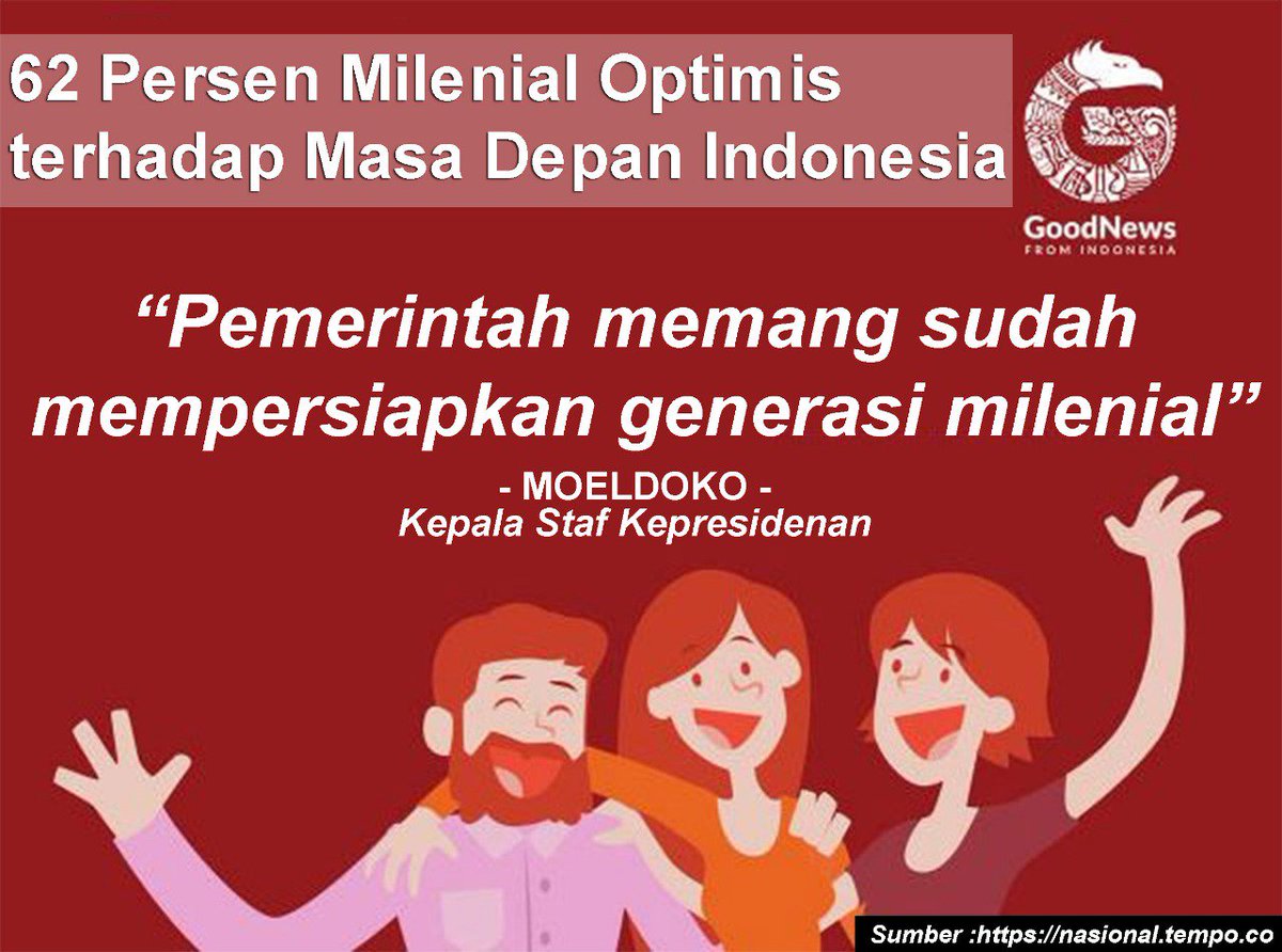 Delski9's tweet photo. 62% milenial optimis terhadap masa depan indonesia #MilenialOptimis @Dr_Moeldoko @bambangsoesatyo
@fahrihamzah
@fadlizon https://t.co/ll3w7mhr75