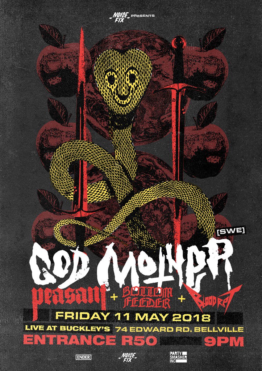 The <a href="/NoiseFix/">NoiseFix</a> #SouthAfrica #tour with #Sweden's <a href="/GodMotherBand/">God Mother</a> &amp; locals <a href="/peasanthardcore/">PEASANT</a> hits #CapeTown tonight, pull in to Buckley's in #Bellville &amp; get elevated by them as well as the grinding #BottomFeeder &amp; the punking #BloodRet for only R50 \m/
Bring cash for merch!
#Destroy
