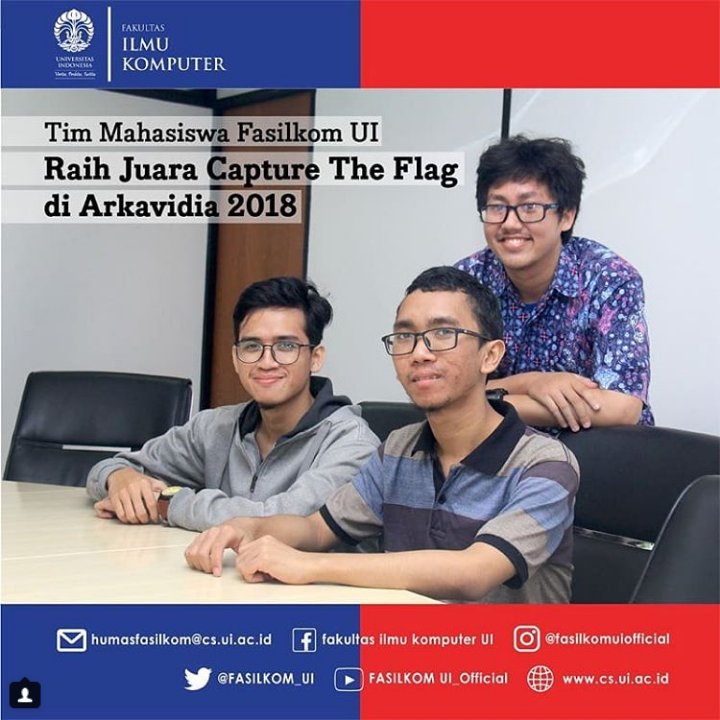 univ_indonesia's tweet image. #PrestasiUI Mahasiswa Fasilkom UI kembali menorehkan prestasi di  Arkavidia 2018.. Dari cabang Capture the Flag, 3 mahasiswa Ilmu Komputer  angkatan 2015 ini menyabet juara 1

Simak beritanya di cs.ui.ac.id/index.php/capt…
#UniversitasIndonesia #FasilkomUI