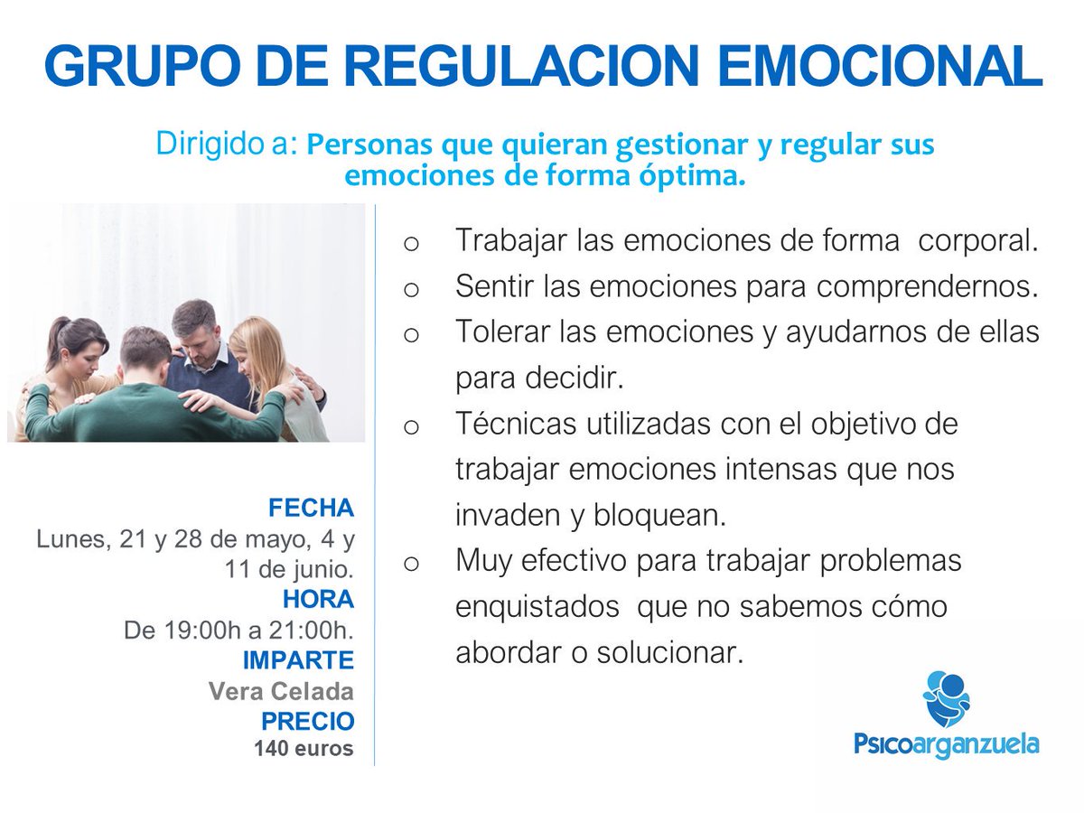 psicoarganzuela's tweet photo. ¡Buenos días! El 21 de Mayo comienza un nuevo taller de Regulación Emocional impartido por nuestra terapeuta Vera Celada. Este taller te ayudará a comprender mejor aquello que sientes y poder regularlo. 
¡Si quieres más información no dudes en preguntarnos!
¡Feliz viernes! https://t.co/XIuQAu3JXg
