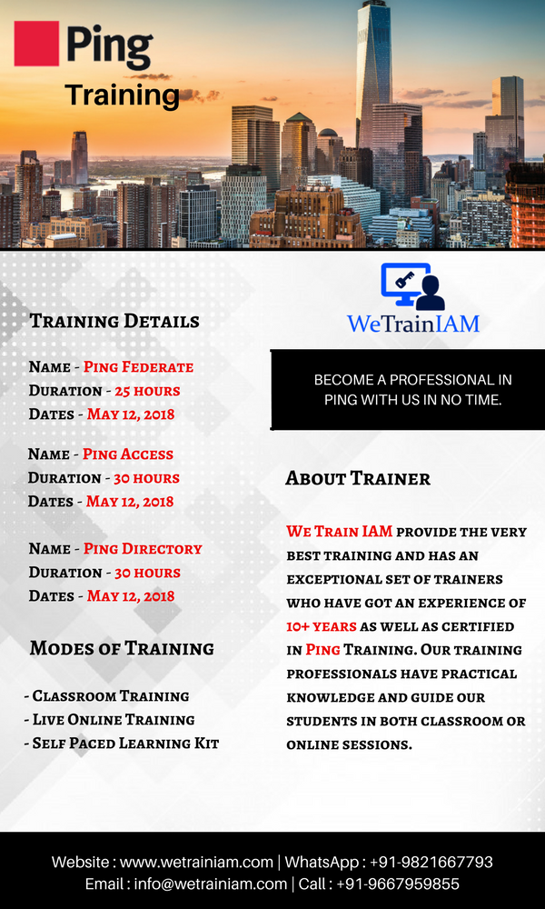 WeTrainIAM's tweet photo. Get Trained in #Ping &amp; get job assistance as well from 12 May 2018.
Register at https://t.co/0fuXgOHi5A

#PingFederate #PingAccess #PingDirectory #PingIdentity #IdentityManagement #IAM #InfoSec #InformationSecurity #WeTrainIAM #IDM #informationtechnology #IT #Training #Job https://t.co/39dn0TBVbW