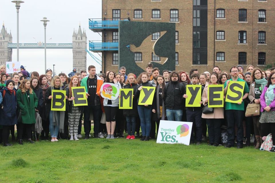 LdnIrishARC's tweet photo. Those of us who can't vote also called on voters at home to #BeMyYes! We may not have a vote but Ireland is still our home. We're standing in solidarity with everyone working so hard to secure a yes, and we'll be standing with you on May 25th! #ldnirish4choice https://t.co/pREBAoeNW7