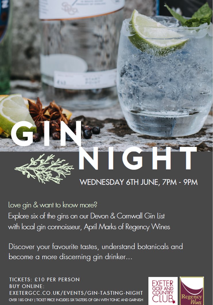 regencywinesuk's tweet photo. Join our very own Gin Maestro, @Prestige_Cuvee at @exetergcc on Wednesday 6th of June to discover more about your favourite tastes and botanicals from a selection of West Country gins =] #gin #ginandtonic #gintasting #exetergcc #regencywines #bookticketsnow #onlyatenner #buylocal https://t.co/1qbArF5Ihl