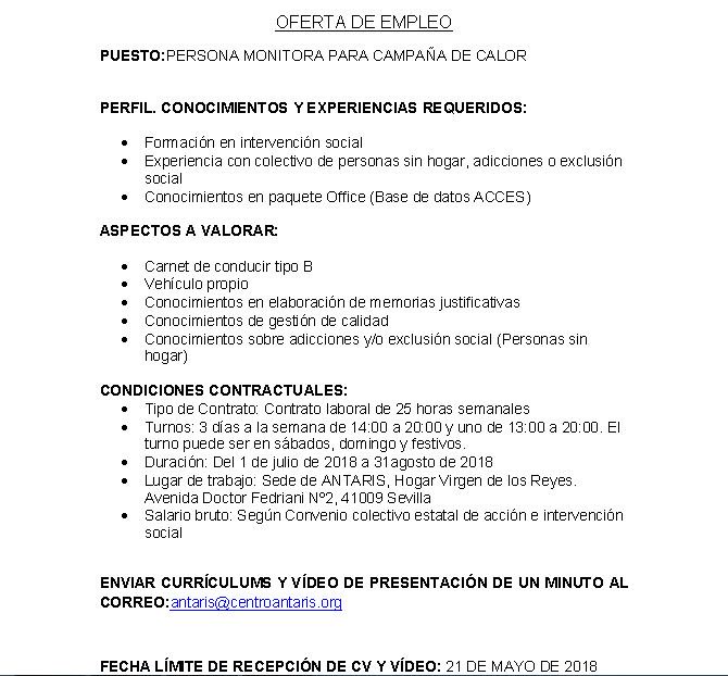 CentroAntaris's tweet photo. OFERTA DE EMPLEO PARA CAMPAÑA DE CALOR DE NUESTRA ENTIDAD
Se precisan dos personas monitoras para desarrollar este proyecto que consiste en otorgar espacio físico, y servicio de alimentación e higiene a las personas sin hogar en las horas y meses más calurosos. https://t.co/2Cg5QgoGKA