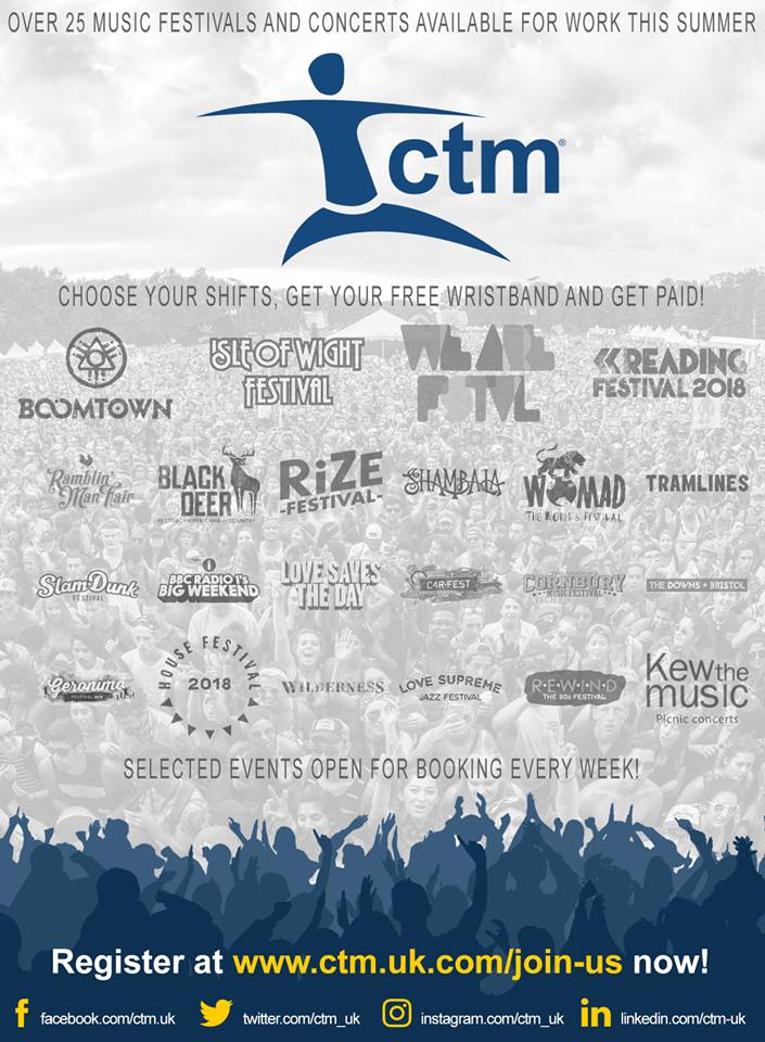 CALLING ALL FESTIVAL GOERS!!!

We are now recruiting for new staff to work at more than 25 music festivals and concerts across the country throughout summer!

Register now at ctm.uk.com/join-us and we'll see you at a festival site very soon!

#FestivalWork #FestivalSeason