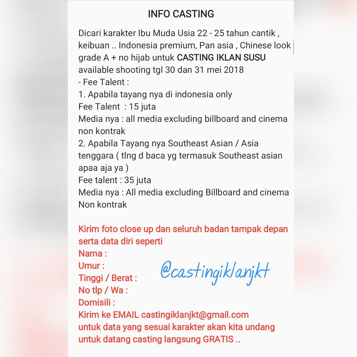 *INFO CASTING IKLAN SUSU

HARAP DIBACA INFONYA DENGAN JELAS YA 📽🎬📸 MORE INFO WA 08561315107
•
•
•
#info #casting #iklan #jakarta #indonesia #castingroom #castingday #model #tvcommercial #infocasting #photooftheday #photoshoot #castingiklan #beauty #indonesianmodel