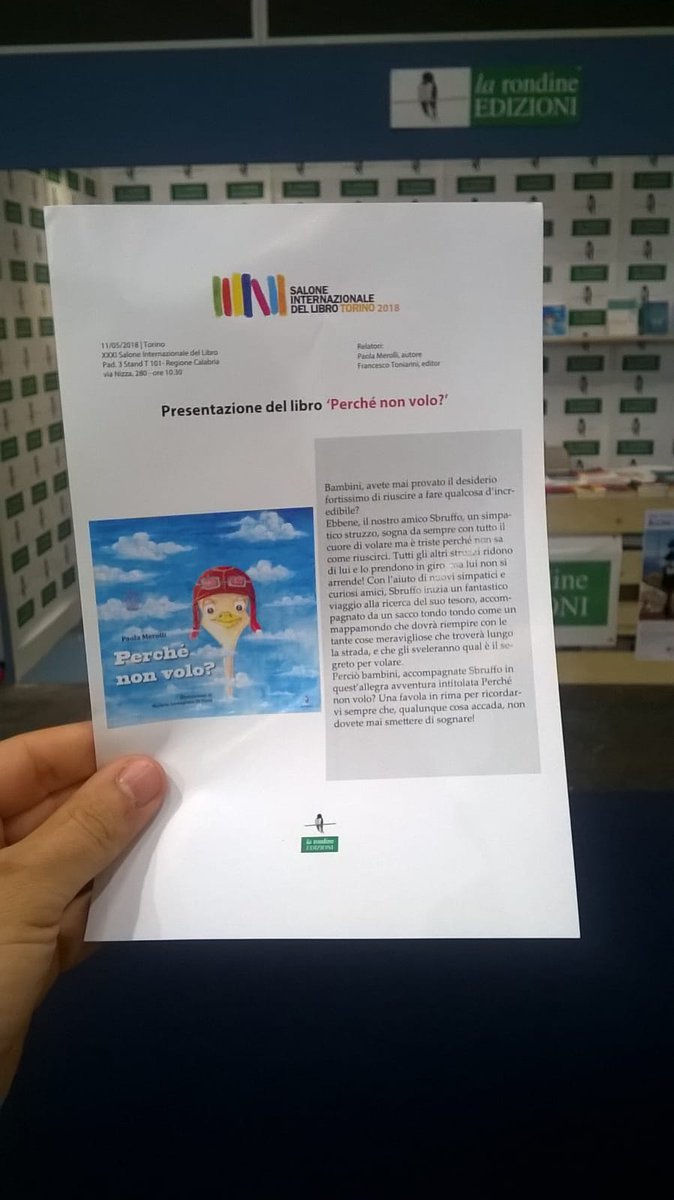 PaolaMerolli's tweet photo. Sbruffo è arrivato al Salone del Libro di Torino! Vi aspettiamo alle 11:30 presso lo Stand della Regione Calabria U101, dove l'autrice presenterà "Perché non volo?"
Booktrailer della favola: https://t.co/YERFrfqprg 🎞️
#11maggio #bookstagram #SalTo2018 #salonedellibro #SalTo31 https://t.co/XuesWVPlWP