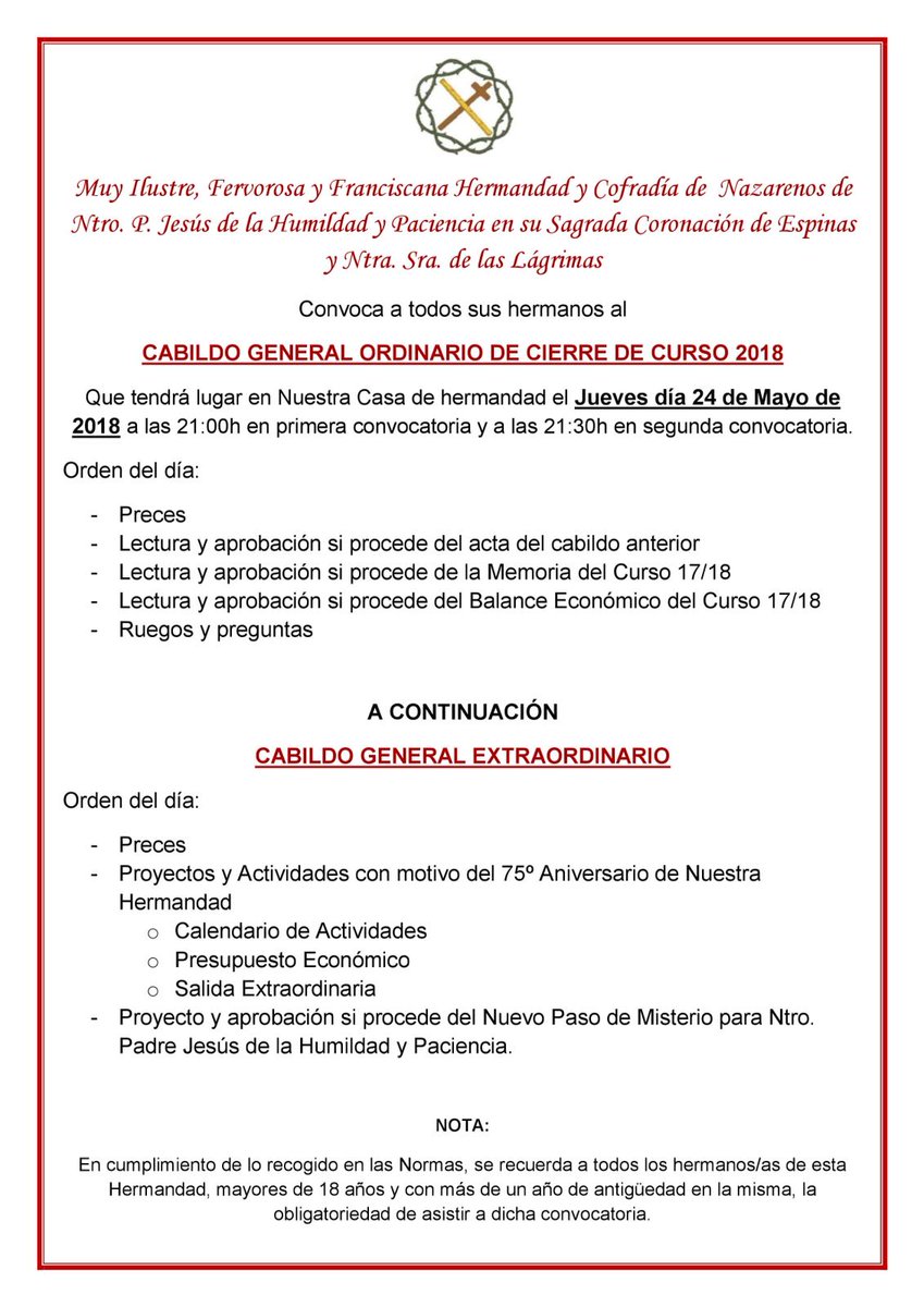 IMPORTANTE: CABILDO GENERAL ORDINARIO DE CIERRE DE CURSO Y CABILDO GENERAL EXTRAORDINARIO.

Se convoca para el  jueves 24 de mayo, a las 21,00 horas en primera convocatoria, y a las 21,30 horas en segunda, CABILDO ORDINARIO, y a continuación, CABILDO GENERAL EXTRAORDINARIO.